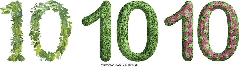 10, design made from green grass, leaves and flower, .suitable for birthday, anniversary and memorial day templates, go green concept	
