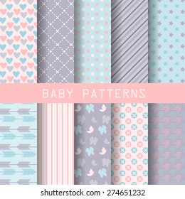 10 different baby girl seamless patterns. sweet pastel for valentines concept. Endless texture for wallpaper, fill, web page background, surface texture.  vector illustration.