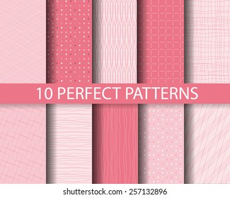 10 different beautiful pink linear and dot seamless patterns. Endless texture can be used for wallpaper, pattern fills, web page background,surface textures,tile, greeting card, scrapbook, backdrop