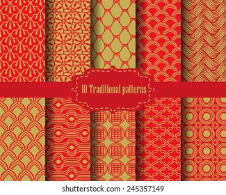 10 different chinese vector seamless patterns. Endless texture can be used for wallpaper, pattern fills, web page background,surface textures.