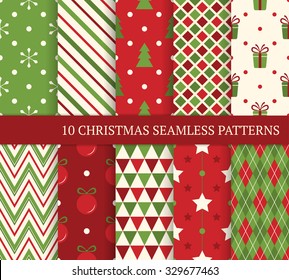 10 different Christmas seamless patterns. Endless texture for wallpaper, web page background, wrapping paper and etc. Retro style.