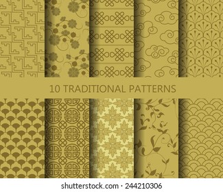 10 different classic traditional gold patterns. Endless texture can be used for wallpaper, pattern fills, web page background,surface textures.