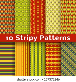 10 Different colorful stripy vector seamless patterns (tiling). Spices concept. Diagonal, vertical and horizontal design wallpaper in bright colors. Indian style.