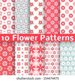 10 Different flower vector seamless patterns (tiling). Romantic chic texture can be used for printing onto fabric and paper or scrap booking. Pink, white and blue colors. For baby, girl and woman.