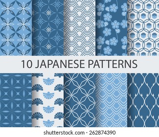 10 different japanese asian traditional seamless patterns, Swatches, vector, Endless texture can be used for wallpaper, pattern fills, web page,background,surface  