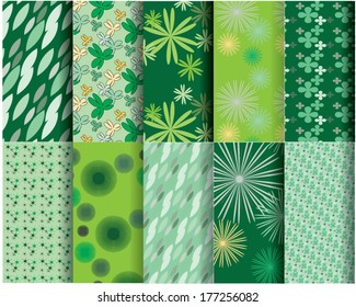 10 Different leaf vector seamless patterns (tiling). Romantic chic texture can be used for printing onto fabric and paper or scrap booking. Green colors. For baby, girl and woman. 