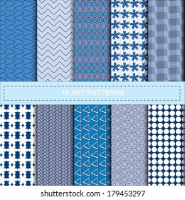 10 different patterns (tiling). Vector illustration for abstract aqua design. Texture can be used for fills, web page background, surface. Set of blue wallpaper with curves. 
