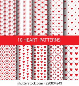 10 different red heart  seamless patterns, vector, Endless texture can be used for wallpaper, pattern fills, web page,background,surface