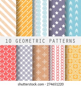 10 different retro seamless patterns. Endless texture for wallpaper, fill, web page background, surface texture. Set of colorful geometric ornament.  shabby pastel. vector illustration.