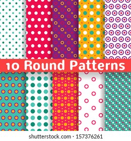 10 Different round shape vector seamless patterns (tiling). Endless texture can be used for printing onto fabric and paper or scrap booking. Diagonal, polka design wallpaper in light bright color.