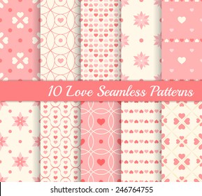 10 different seamless patterns. Love collection. Hearts and flowers. Endless texture for wallpaper, web page background, wrapping paper and etc. Retro style. Pink and beige color.