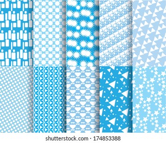 10  different seamless patterns (tiling). Vector illustration for abstract aqua design. Endless texture can be used for fills, web page background, surface. Set of blue wallpaper with curves. 