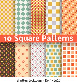 10 Different square vector seamless patterns (tiling). Endless texture can be used for printing onto fabric and paper or scrap booking. Diagonal, checked design wallpaper in retro color.