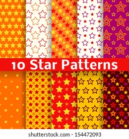 10 Different star vector seamless patterns (tiling). Endless texture can be used for printing onto fabric and paper or scrap booking. Orange, red and yellow color wallpaper.