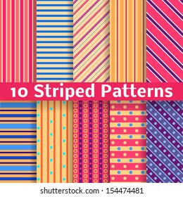 10 Different striped vector seamless patterns (tiling). Texture can be used for printing onto fabric and paper or scrap booking. Diagonal, vertical and horizontal design wallpaper in bright colors.