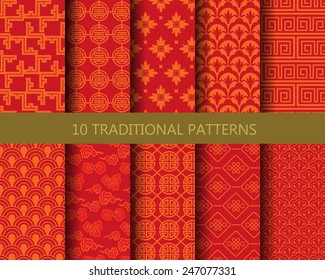 10 different traditional chinese patterns. Endless texture can be used for wallpaper, pattern fills, web page background,surface textures.