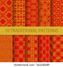 10 different traditional chinese patterns. Endless texture can be used for wallpaper, pattern fills, web page background,surface textures. vector illustration