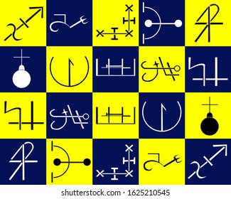 10 different type of occult symbols in yellow and phantom blue background