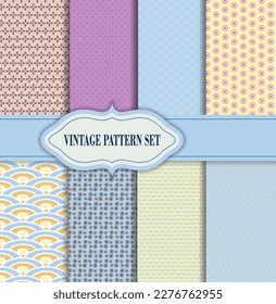 10 different vector seamless patterns tiling . Blue, cyan and white color. Endless texture can be used for printing on fabric and paper. Shape of lines, square, flower and dot