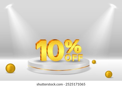10% discount. Discount. 3D sale symbol with decorative objects, golden balls, podium. 10 percent. Sale banner and poster. Vector illustration.