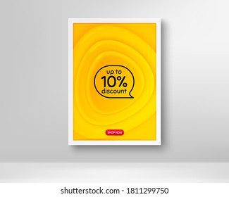 Up to 10% Discount. Frame with orange poster. Sale offer price sign. Special offer symbol. Save 10 percentages. Fluid gradient shapes and chat bubble. Banner with plastic background. Vector