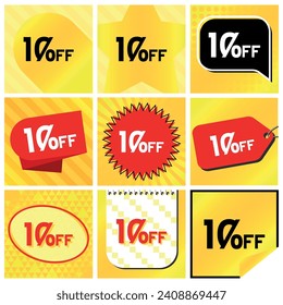 10% Discount Labels Set, 9 Variations - Ball Star in Stripes, Speech Bubble, Coupon, Starburst Stamp, Price Tag, Oval, Calendar, Sticker. Yellow Orange Background