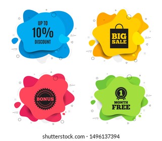 Up to 10% Discount. Liquid shape, various colors. Sale offer price sign. Special offer symbol. Save 10 percentages. Geometric vector banner. Discount tag text. Gradient shape badge. Vector