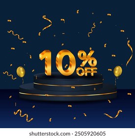 10% discount. Discount on creative composition. 3D sale symbol with decorative objects, golden confetti, podium. 10 percent. Sale banner and poster. Vector illustration.