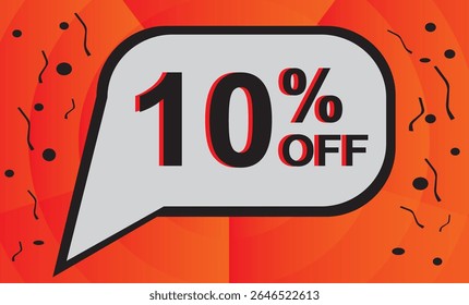 10% de desconto. Desconto no seu preço. Número preto com contorno laranja dentro de um balão branco e fundo laranja composto de elementos gráficos pretos.eps