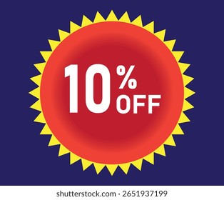 10% de desconto. Desconto em suas vendas. Porcentagem em branco dentro de um círculo vermelho com elementos gráficos amarelos ao redor. Fundo azul..eps