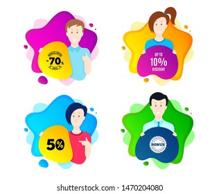 Up to 10% Discount. People shape offer badge. Sale offer price sign. Special offer symbol. Save 10 percentages. Dynamic shape offer. Worker person badge. Cut out people coupon. Vector