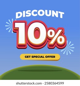 10% Discount Promotional Banner with 3D Text, Fireworks, Blue Gradient Background, and a Special Offer Button on a Green Hill with Eye catching Sale Advertisement Design