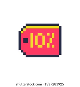 10% discount tag template badge pixel art icon. Shop symbol design for logo, sticker, mobile app, website, badges and patches. 8-bit sprite. Isolated vector illustration.