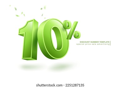 Plantilla de descuento del 10%, letras 3D, utilizada para anuncios promocionales en ventas especiales. Aislado sobre fondo blanco. Archivo vectorial realista.