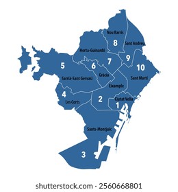 The 10 districts of Barcelona city in Spain