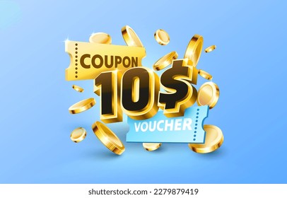 10 dollar coupon gift voucher, cash back banner special offer. Vector illustration