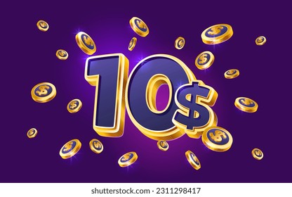 10 dollar coupon gift voucher, cash back banner special offer, casino winner. Vector illustration