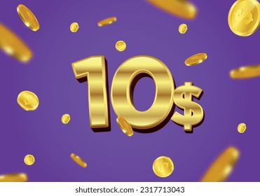 10 Dollar Geschenk oder Poster mit fliegenden Goldmünzen. Zehn Dollar Coupon-Gutschein, Bargeld-Banner Sonderangebot, Casino-Gewinner. Vektorgrafik.