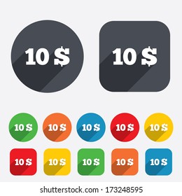 10 Dollars sign icon. USD currency symbol. Money label. Circles and rounded squares 12 buttons. Vector