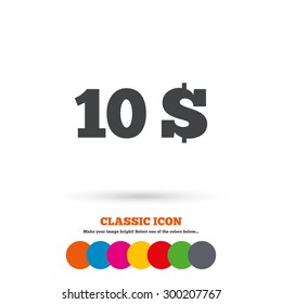10 Dollars sign icon. USD currency symbol. Money label. Classic flat icon. Colored circles. Vector