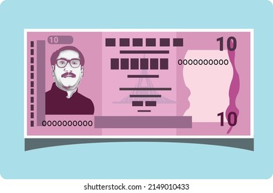 10 (Dosh) Billete BD Taka. Traducción: Diez BDT de la moneda de Bangladesh. Ilustración y diseño de vectores de dinero de papel plano. Divisa BD. Cartel de billete BDT. Pagos y finanzas de Bangladesh