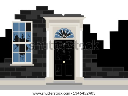 10 downing street as ruin - metaphor of political collapse,decay and trouble of British government and Prime minister. Vector illustration.