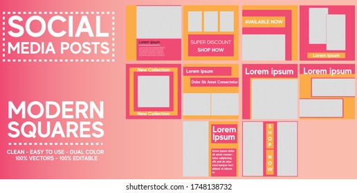 10 Easily Editable minimalist banner and social media post template, pink and yellow colors. good for social media and digital marketing also for internet ads. vector illustration photo collage