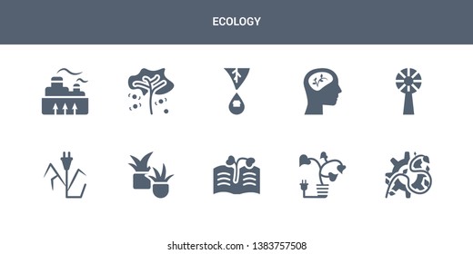 10 ecology vector icons such as eco industry, eco light, eco paper, plant, plug contains turbine, ecologism, environment, fruit tree, geothermal energy. ecology icons