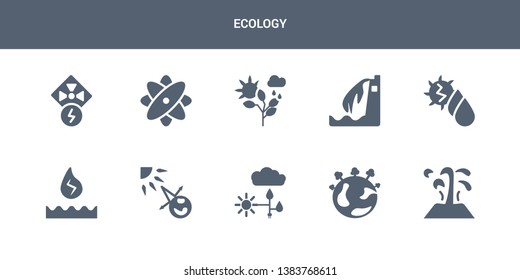 10 ecology vector icons such as geyser, earth, energy, house effect, hydraulic energy contains hydro power, hydroelectric power station, nature, nuclear energy, nuclear power. ecology icons