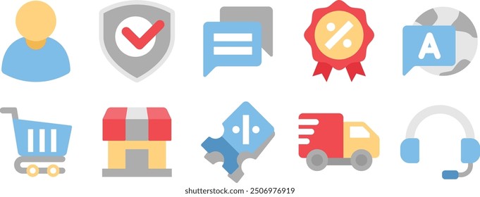 10 e-commerce flat icons, user, safety, chat, offer, language, cart, store, coupon, shipment and customer service