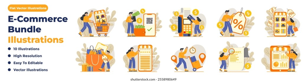 10 E-Commerce Illustration Bundle. Flat Vector Style. High-Quality Editable Designs.