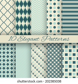 10 Elegant vector seamless patterns (tiling). Retro blue and white colors. Endless texture can be used for printing onto fabric and paper, scrap booking. Set of abstract pretty chic background