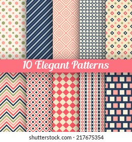 10 Elegant vector seamless patterns. Retro blue, pink, red and white colors. Endless texture can be used for printing onto fabric and paper, scrap booking. Set of abstract pretty chic background