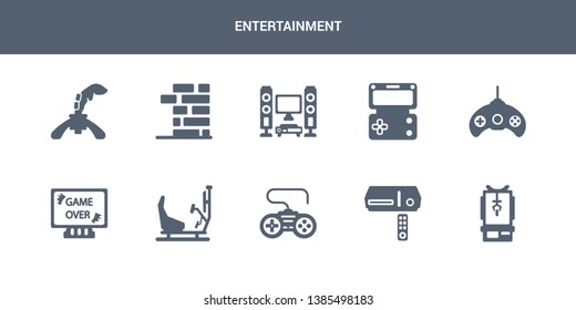 10 entertainment vector icons such as gambling, game console, game controller, game machine, over contains gamepad, handheld home theater, jenga, joystick. entertainment icons
